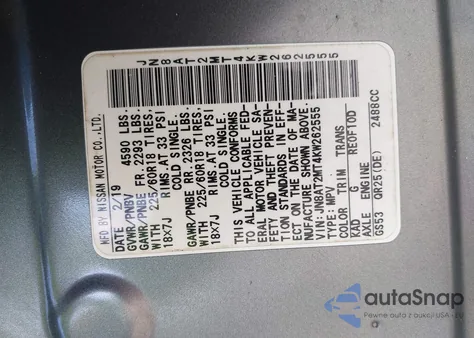 2019 Nissan Rogue Sv from USA, damaged, VIN JN8AT2MT4KW262555